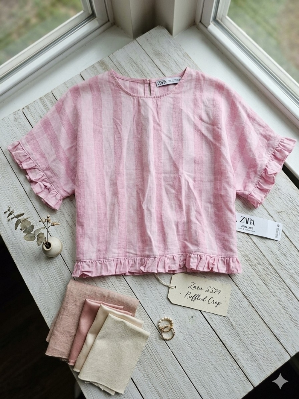 Zara Pink Striped Ruffled Crop Top